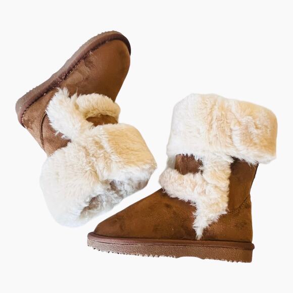 NEW INC Witty Faux Suede Fur BOOTS Little Girls 12 SHOES Chestnut Brown Cream - Picture 2 of 10